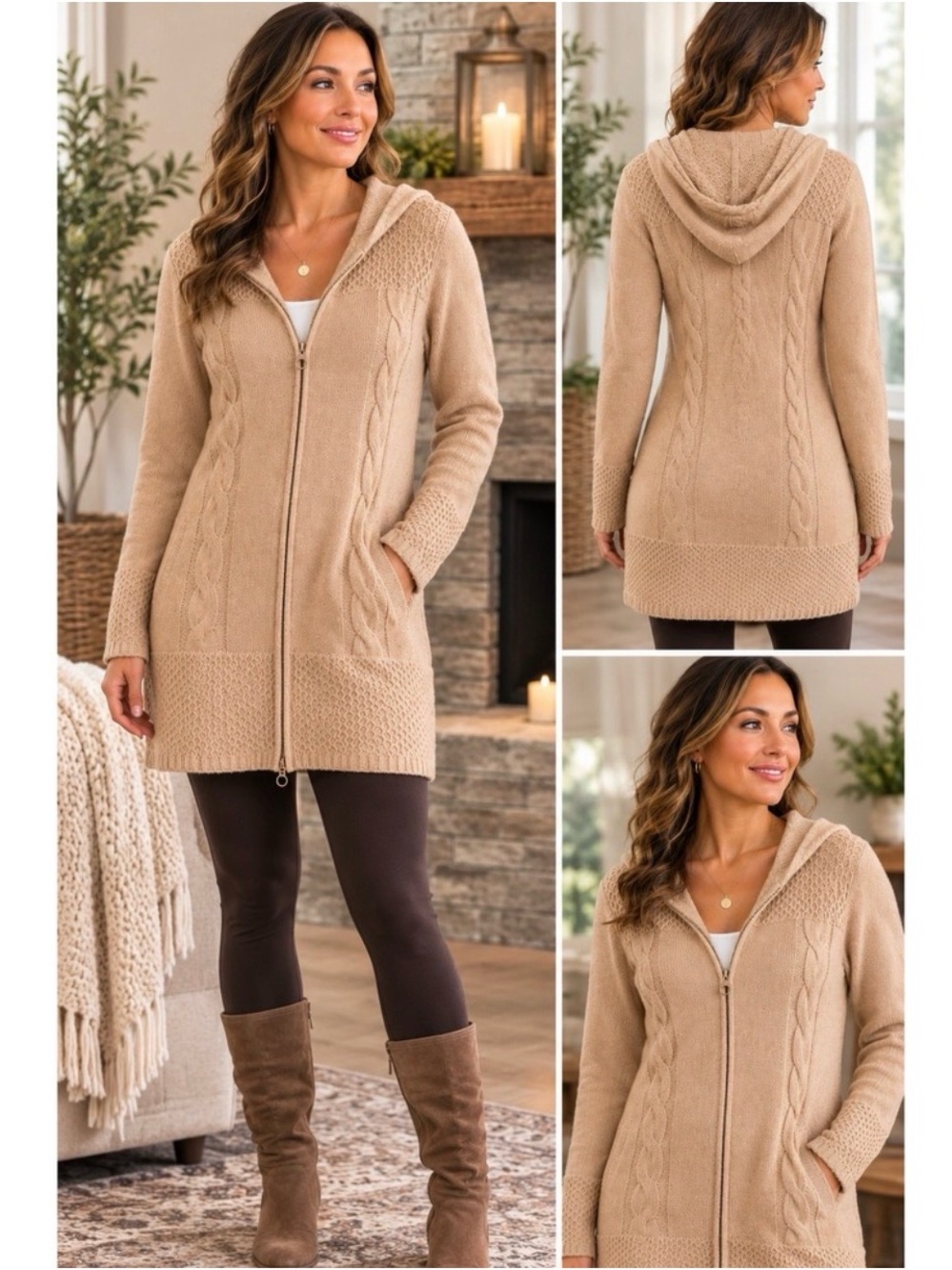 Athleta Beige Hooded Cable‑Knit Zip Cardigan